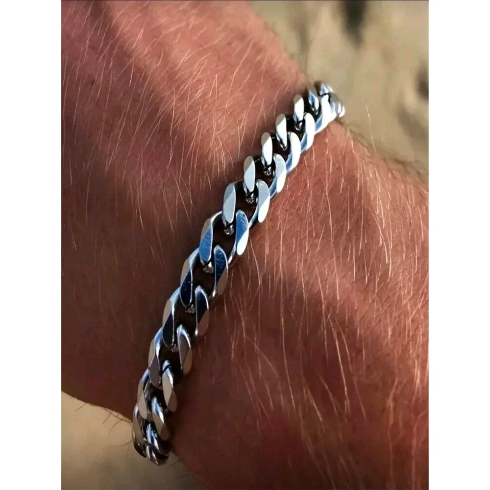 Mens Cuban Link Chain Bracelet Silver‎ Tone Stainless Steel Fashion Jewelry